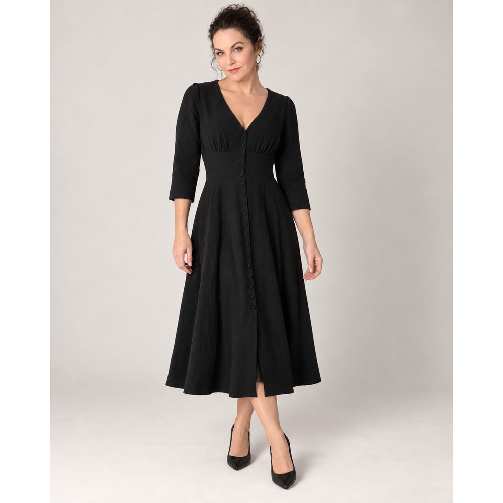 Sézane Black Midi Dress Women's 36/4 V Neck Button Front 3/4 Sleeve Fit Flare